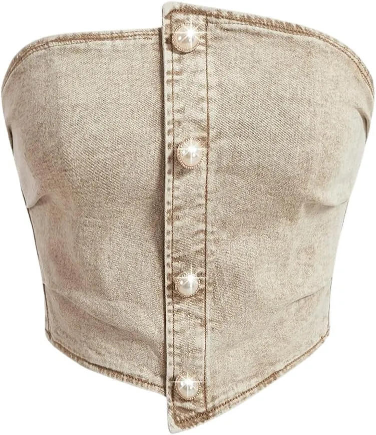 Milumia Women's Pearl Beaded Strapless Denim Tube Top Asymmetric Bandeau Crop Tops