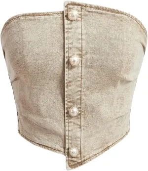 Milumia Women's Pearl Beaded Strapless Denim Tube Top Asymmetric Bandeau Crop Tops