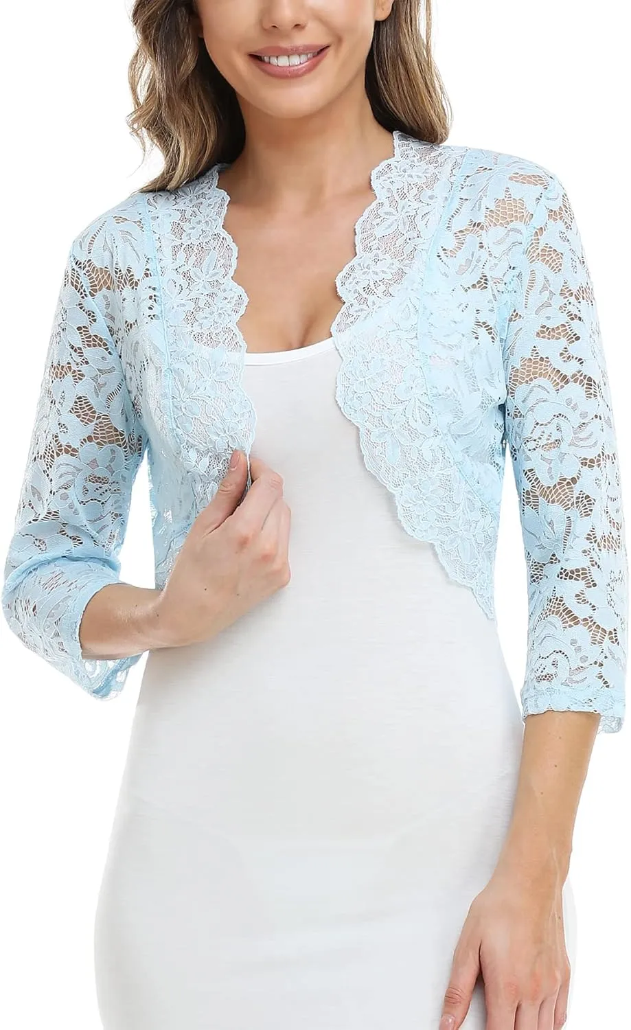 MISS MOLY Women's 3/4 Sleeve Sheer Floral Lace Bolero Shrug Top Cardigan
