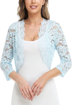 MISS MOLY Women's 3/4 Sleeve Sheer Floral Lace Bolero Shrug Top Cardigan