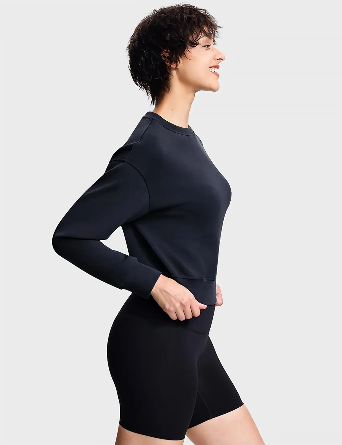 Modal Soft Cropped Sweatshirts for Women Long Sleeve Crew Neck Pullover Crop Top