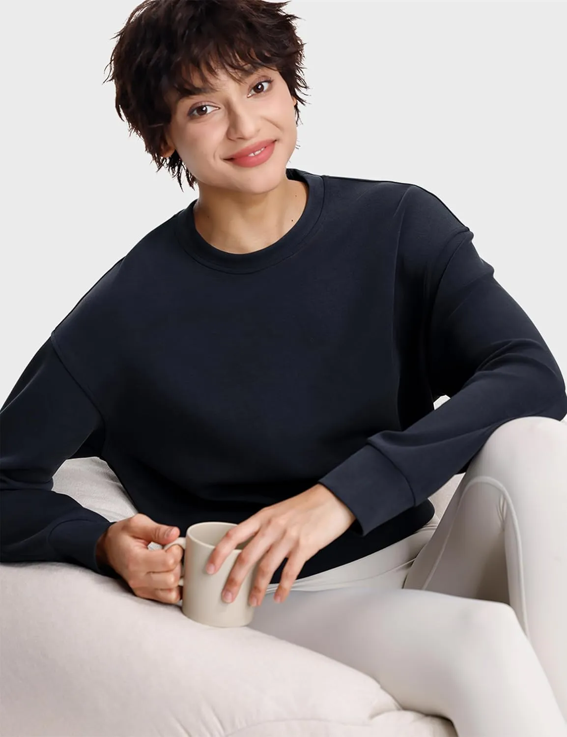 Modal Soft Cropped Sweatshirts for Women Long Sleeve Crew Neck Pullover Crop Top
