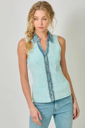 Mystree Washed Thermal Sleeveless Button Down Top  Ice Blue
