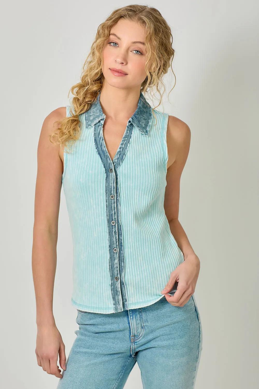 Mystree Washed Thermal Sleeveless Button Down Top  Ice Blue
