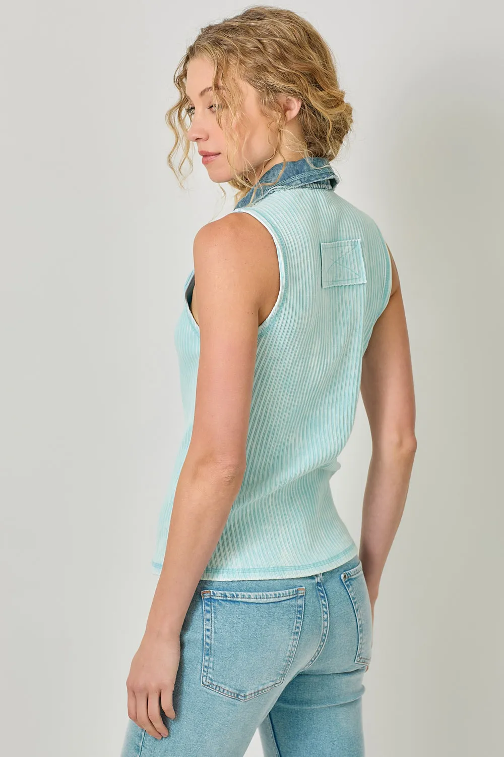 Mystree Washed Thermal Sleeveless Button Down Top  Ice Blue