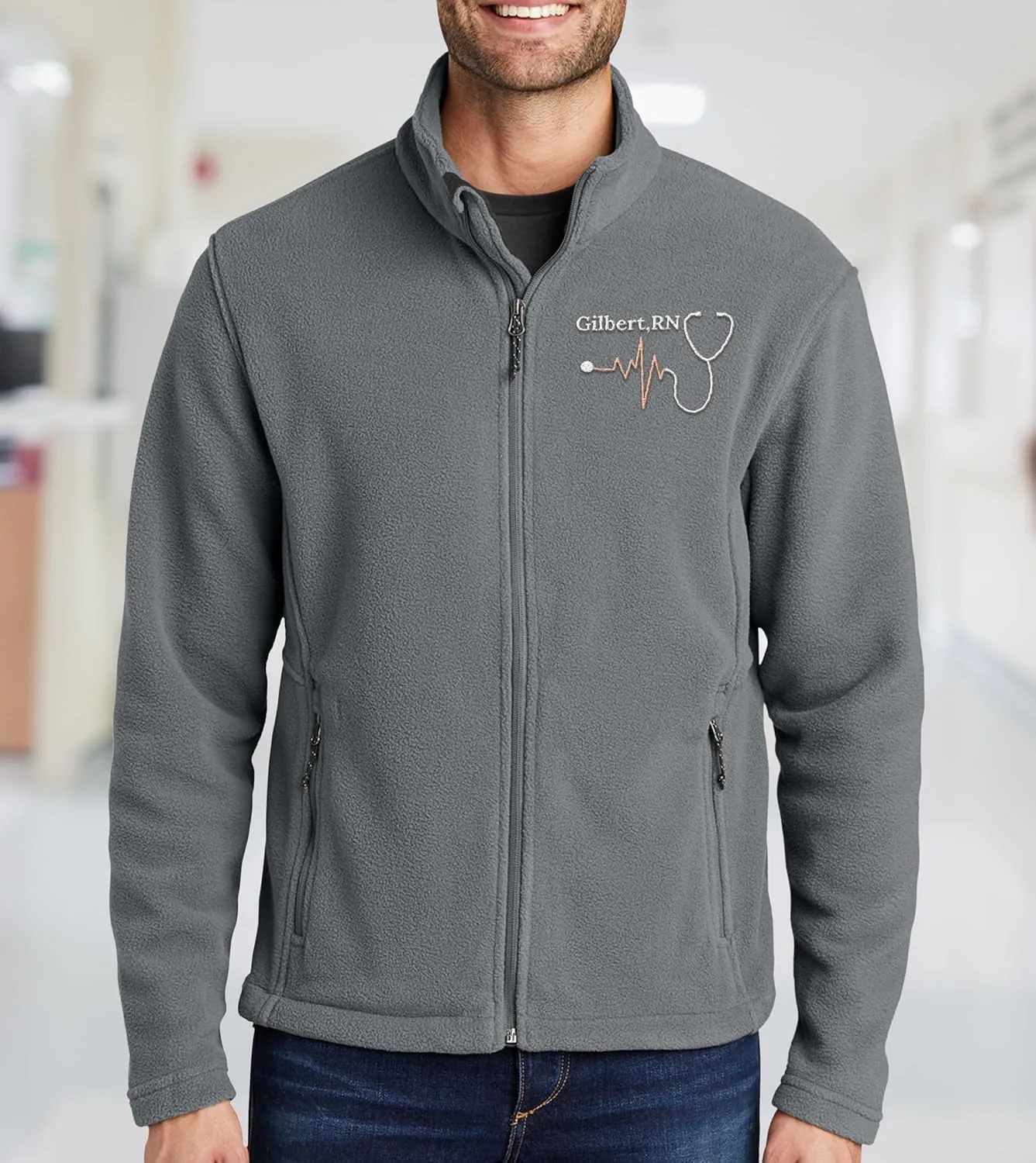 NACRE APPAREL Custom Embroidered Midweight Fleece Jacket for Men & Women Personalized Stethescope Print Jacket