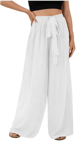 NATHGAM Cotton Linen Pants for Women Baggy Wide Leg Pants Casual Dressy Plus Size Trousers Summer High Waisted Tie Yoga Pants