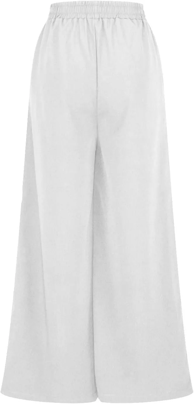 NATHGAM Cotton Linen Pants for Women Baggy Wide Leg Pants Casual Dressy Plus Size Trousers Summer High Waisted Tie Yoga Pants
