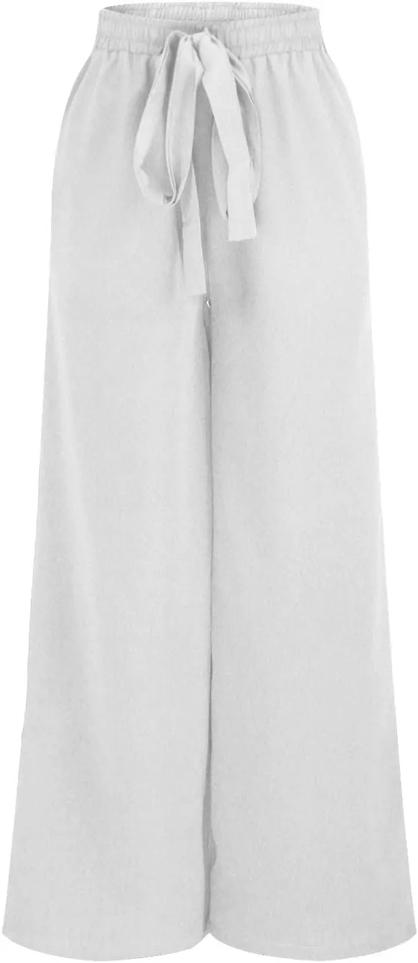 NATHGAM Cotton Linen Pants for Women Baggy Wide Leg Pants Casual Dressy Plus Size Trousers Summer High Waisted Tie Yoga Pants