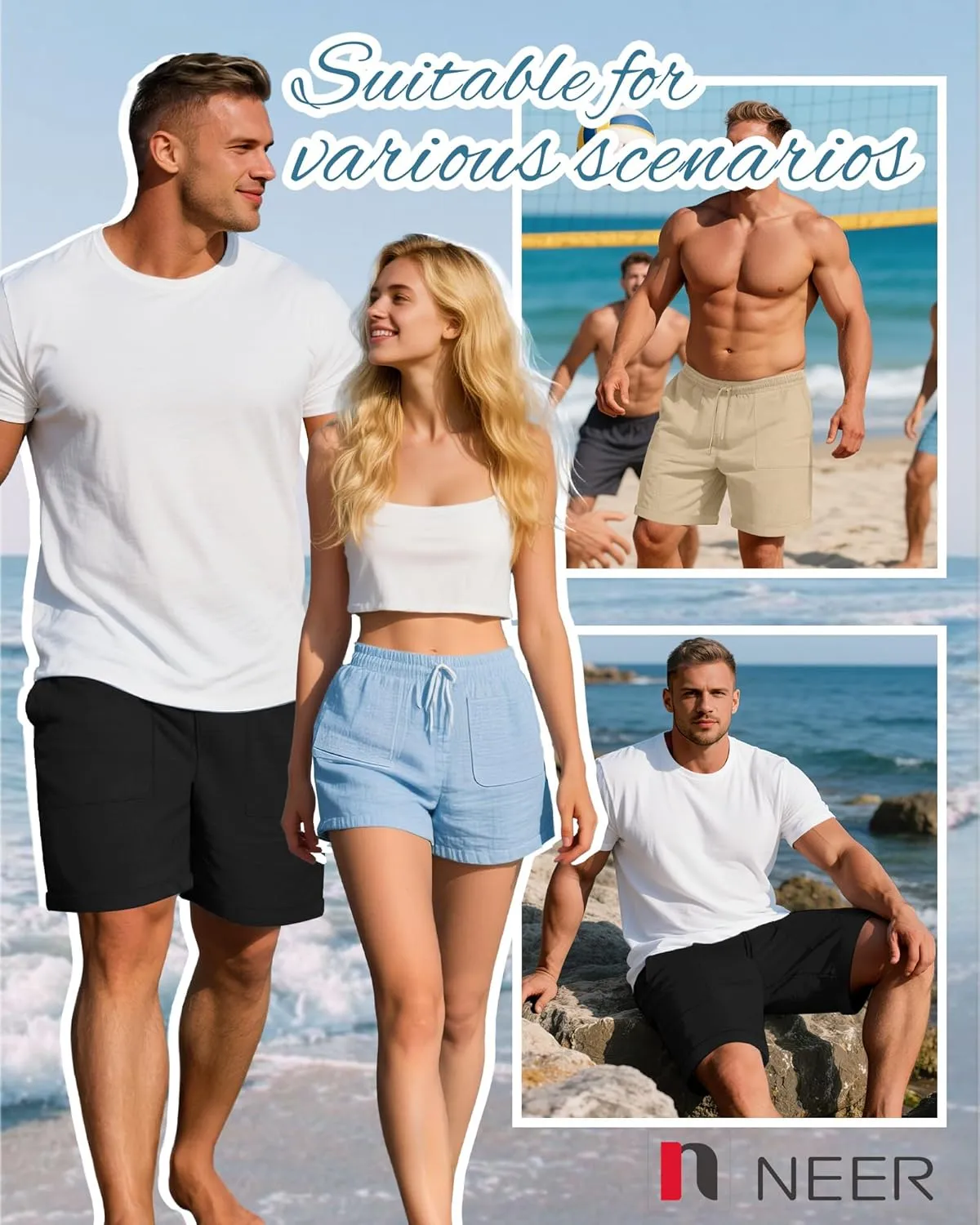 Neer 2 Pack Men's Big and Tall Cotton Linen Bermuda Shorts, Casual 7'' Elastic Drawstring Flat Front Shorts with Pockets