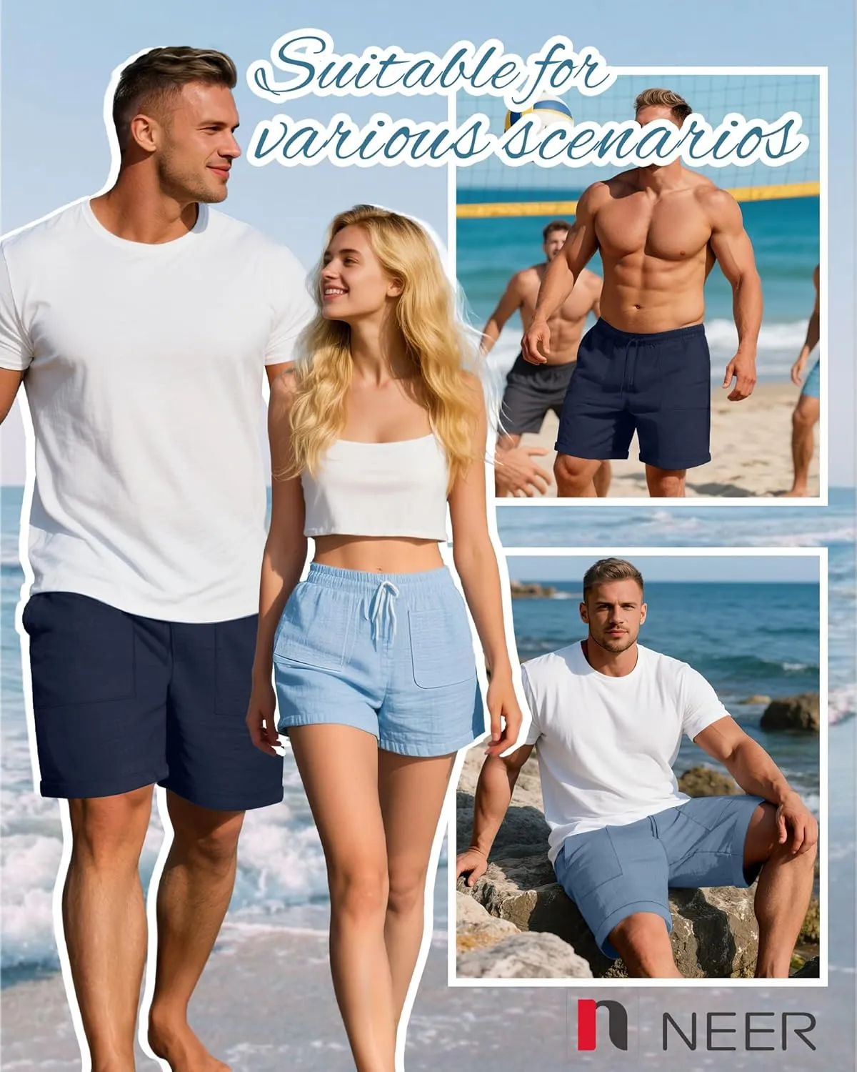 Neer 2 Pack Men's Big and Tall Cotton Linen Bermuda Shorts, Casual 7'' Elastic Drawstring Flat Front Shorts with Pockets