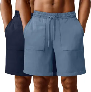 Neer 2 Pack Men's Big and Tall Cotton Linen Bermuda Shorts, Casual 7'' Elastic Drawstring Flat Front Shorts with Pockets
