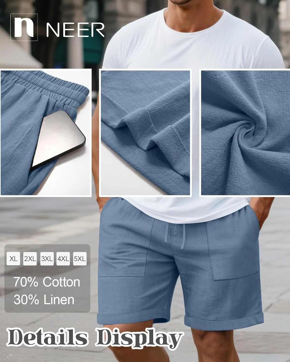 Neer 2 Pack Men's Big and Tall Cotton Linen Bermuda Shorts, Casual 7'' Elastic Drawstring Flat Front Shorts with Pockets