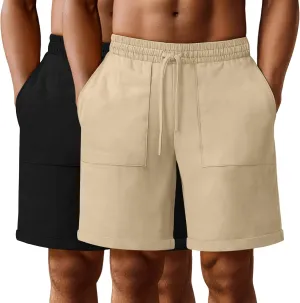 Neer 2 Pack Men's Big and Tall Cotton Linen Bermuda Shorts, Casual 7'' Elastic Drawstring Flat Front Shorts with Pockets