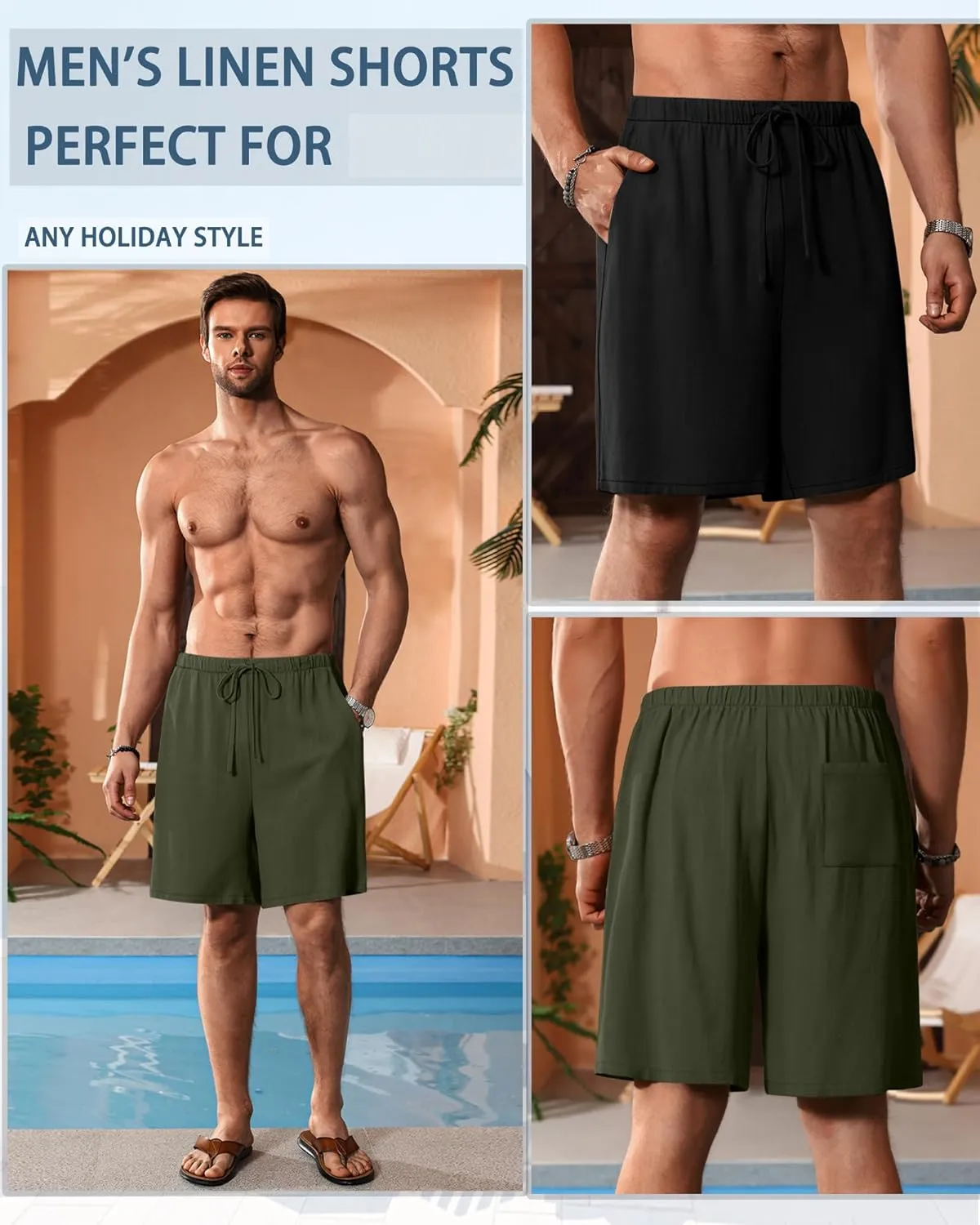 Neer 2 Pack Men's Big and Tall Cotton Linen Shorts, Casual Elastic Waist Beach Shorts Summer Drawstring Wears with Pockets
