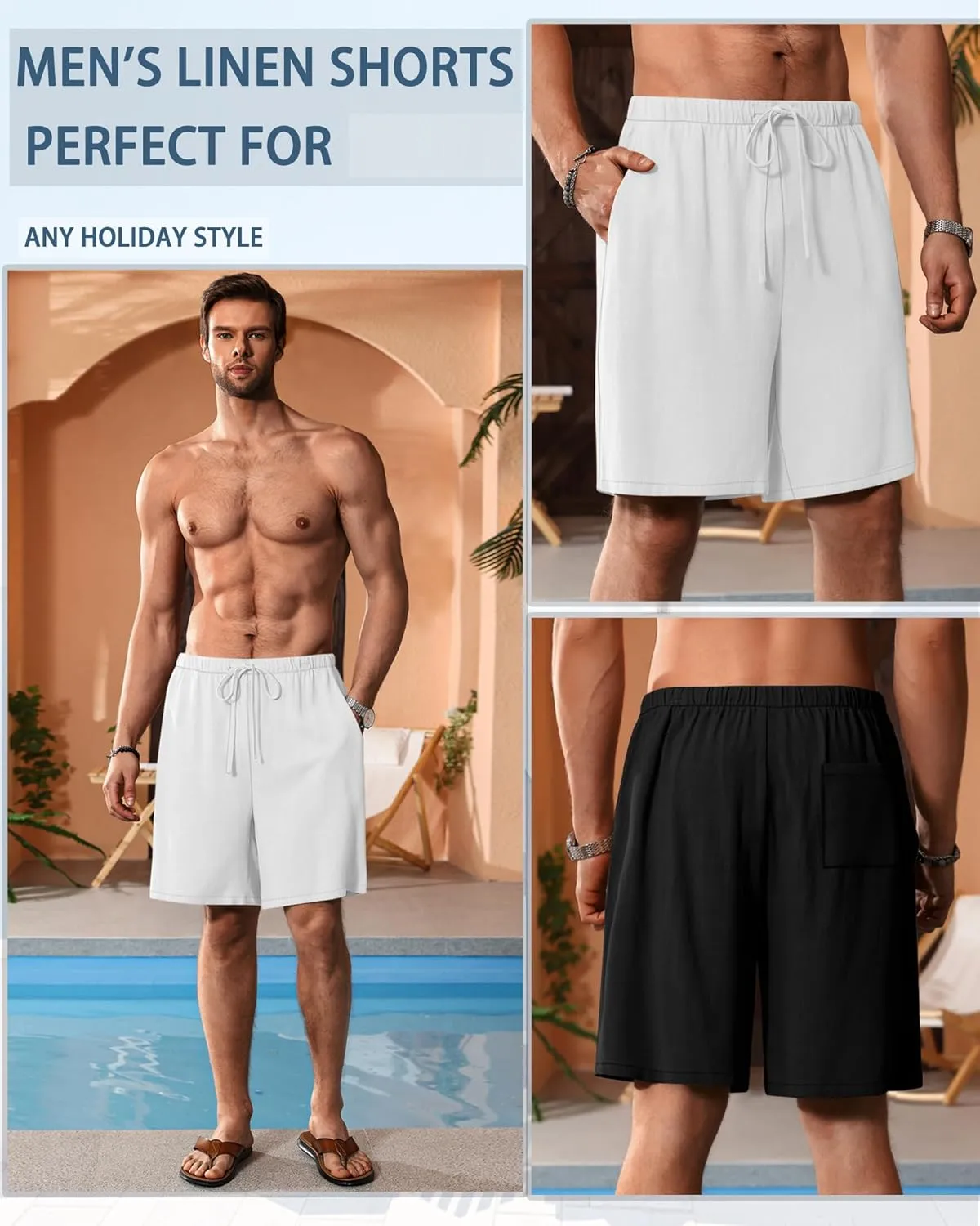 Neer 2 Pack Men's Big and Tall Cotton Linen Shorts, Casual Elastic Waist Beach Shorts Summer Drawstring Wears with Pockets