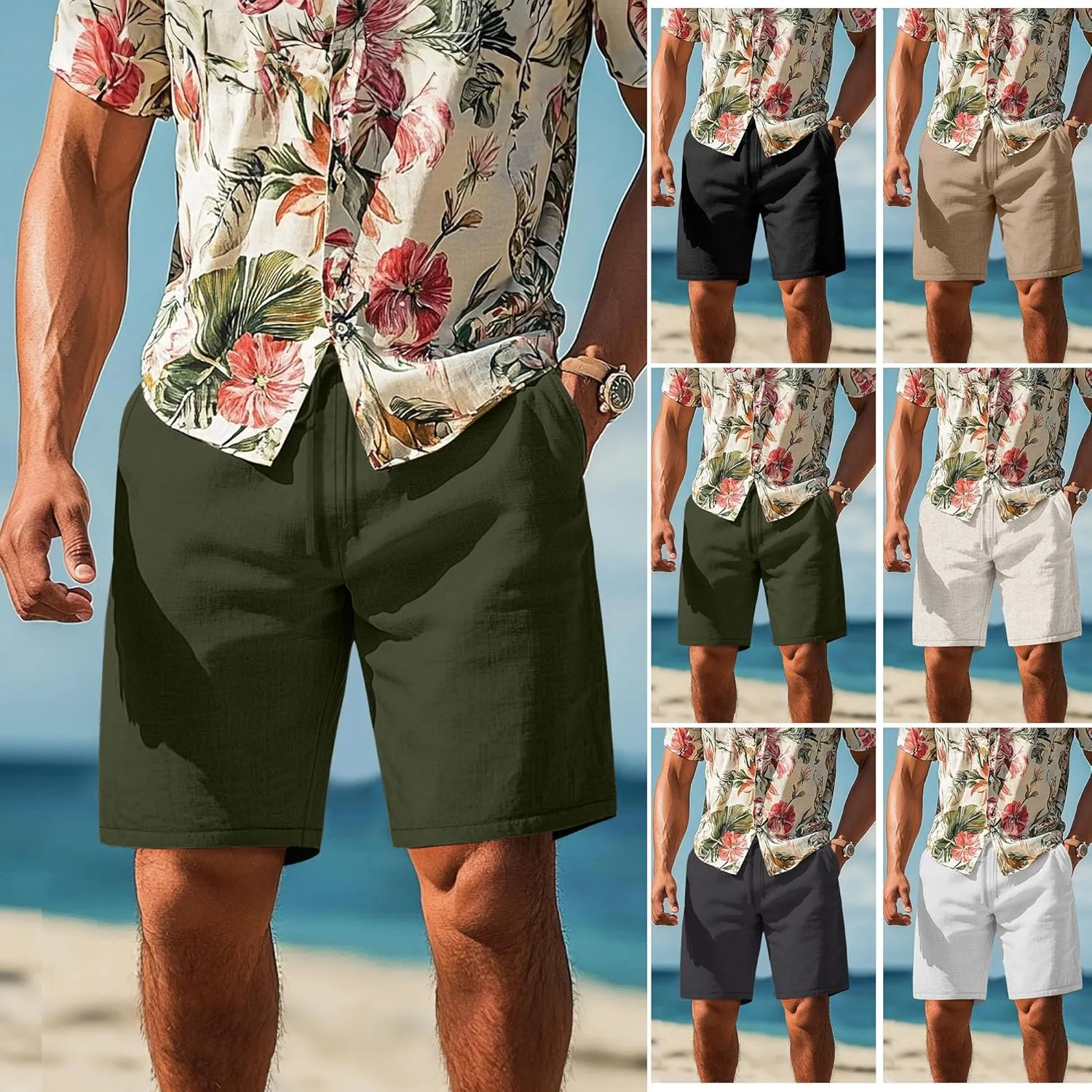 Neer 2 Pack Men's Big and Tall Cotton Linen Shorts, Casual Elastic Waist Beach Shorts Summer Drawstring Wears with Pockets