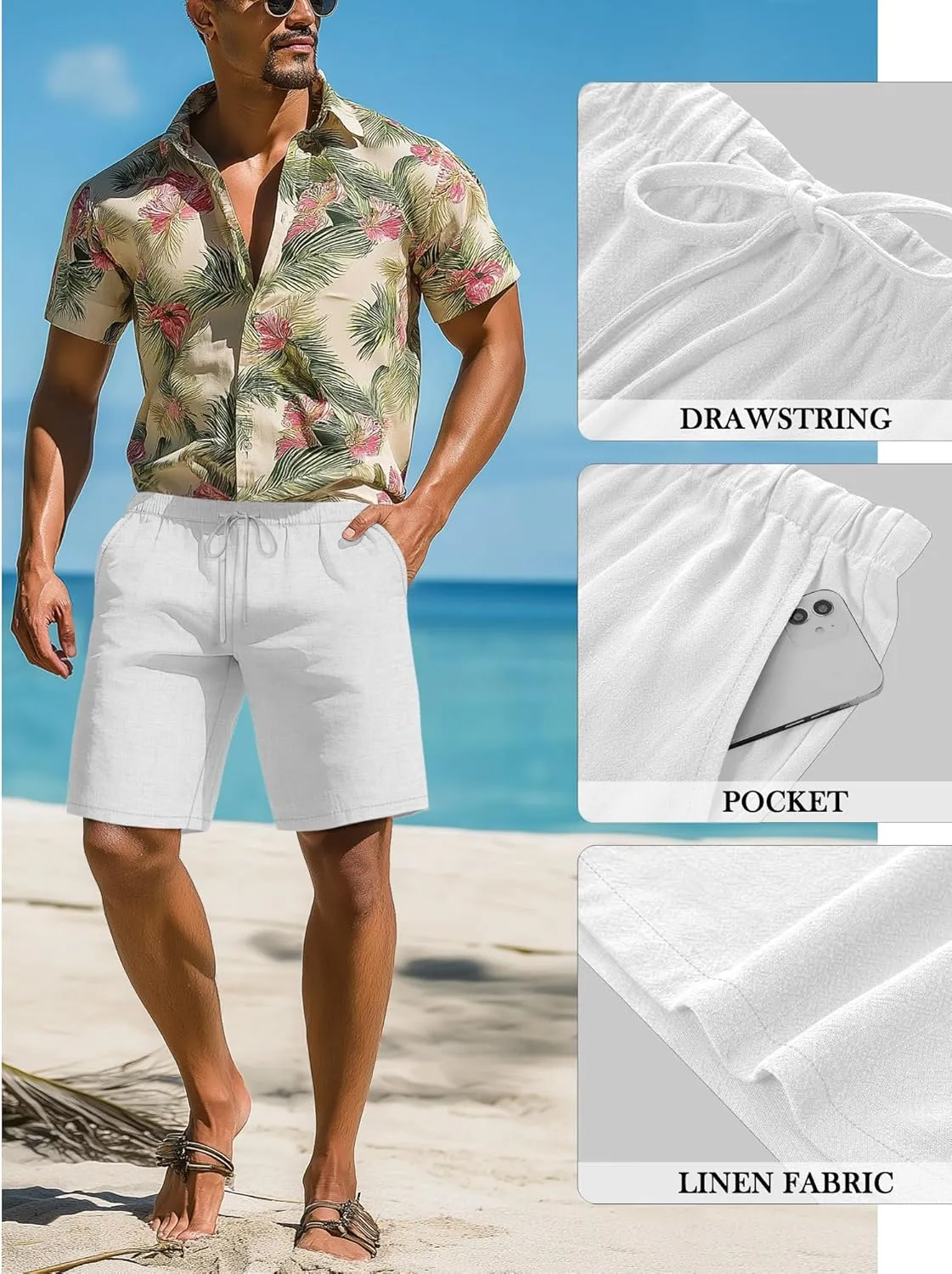 Neer 2 Pack Men's Big and Tall Cotton Linen Shorts, Casual Elastic Waist Beach Shorts Summer Drawstring Wears with Pockets