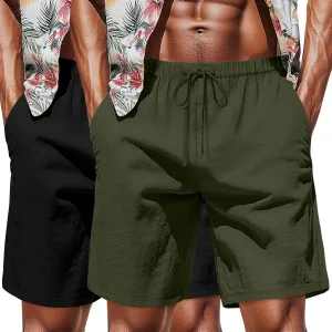 Neer 2 Pack Men's Big and Tall Cotton Linen Shorts, Casual Elastic Waist Beach Shorts Summer Drawstring Wears with Pockets