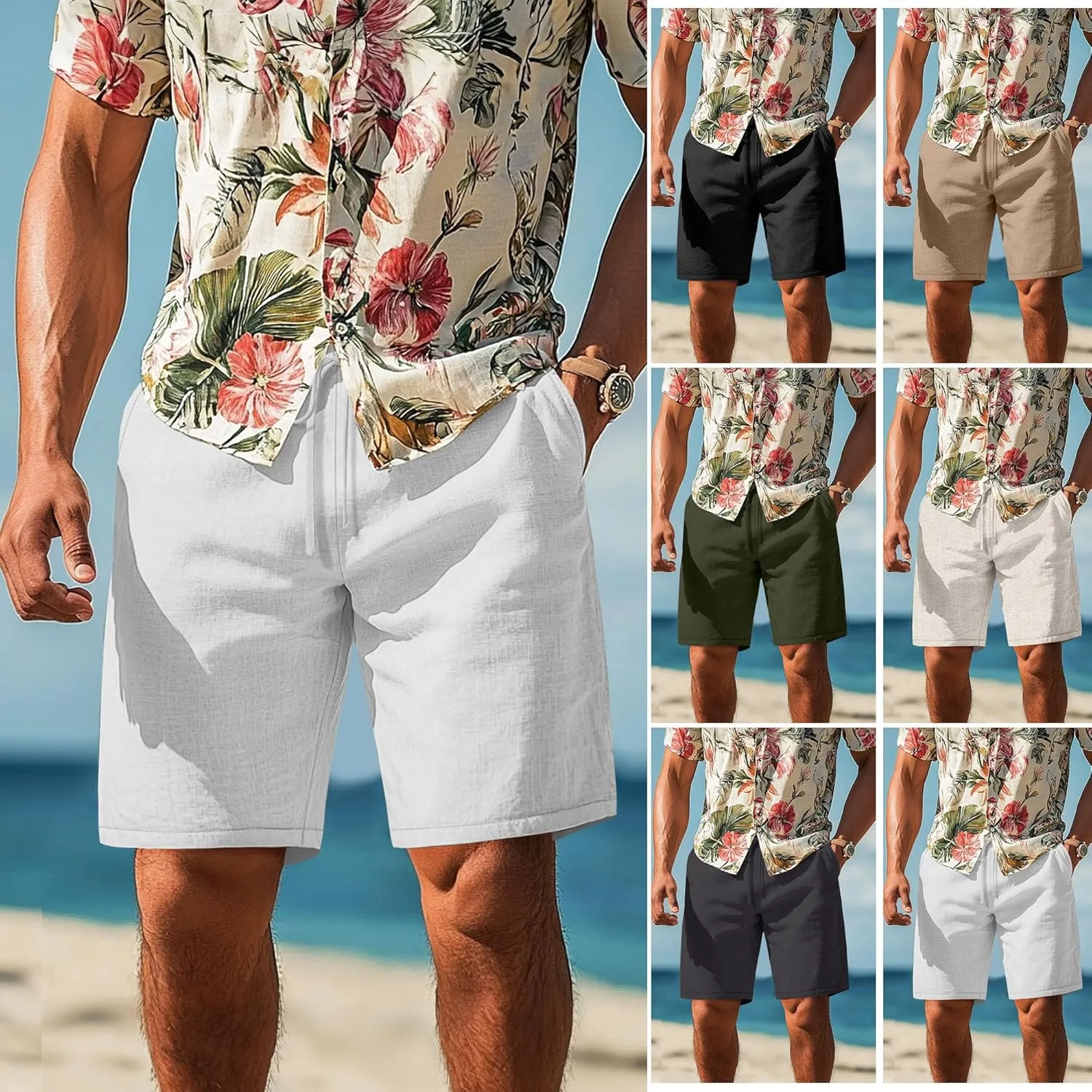 Neer 2 Pack Men's Big and Tall Cotton Linen Shorts, Casual Elastic Waist Beach Shorts Summer Drawstring Wears with Pockets