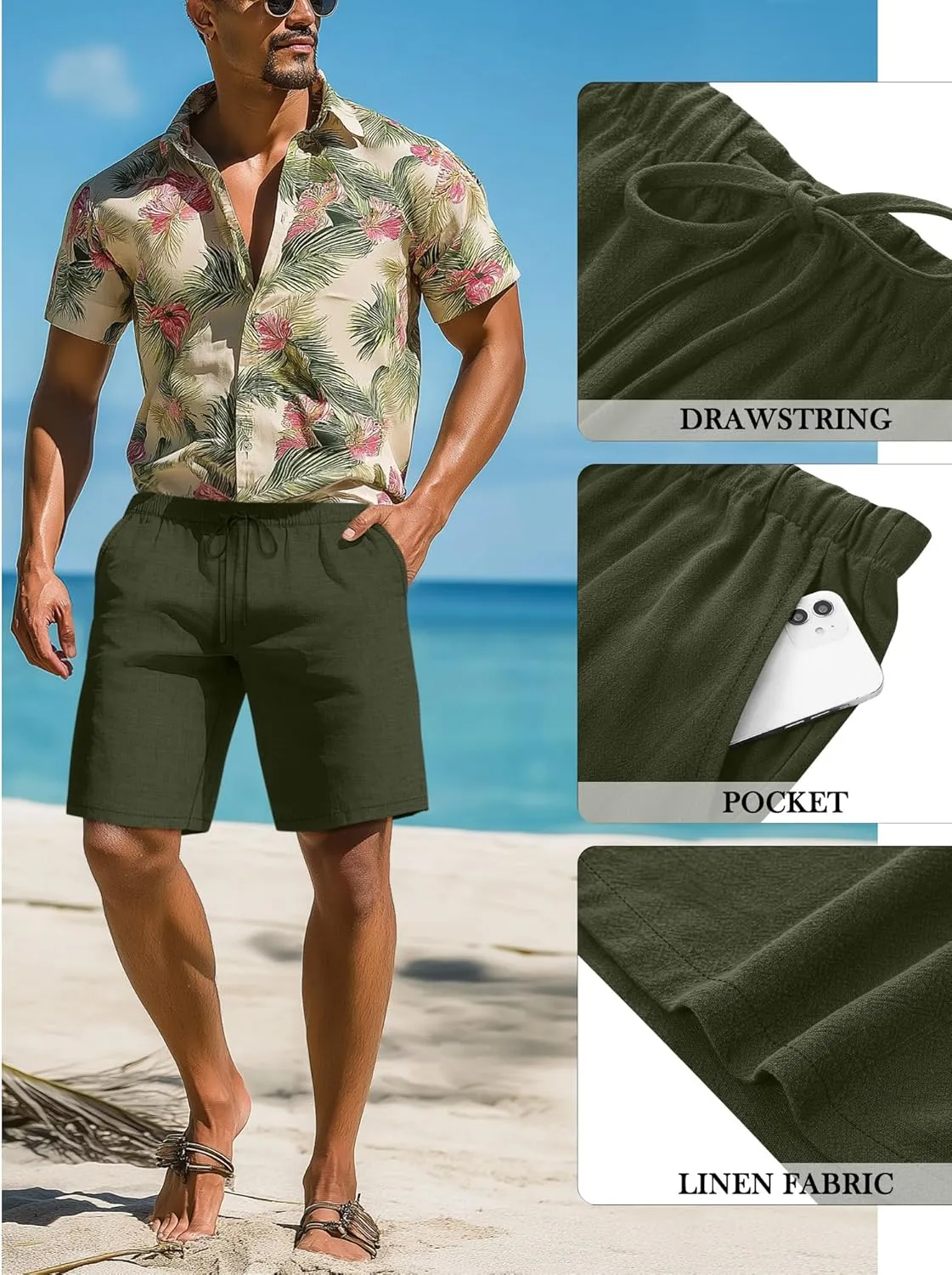 Neer 2 Pack Men's Big and Tall Cotton Linen Shorts, Casual Elastic Waist Beach Shorts Summer Drawstring Wears with Pockets