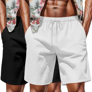 Neer 2 Pack Men's Big and Tall Cotton Linen Shorts, Casual Elastic Waist Beach Shorts Summer Drawstring Wears with Pockets