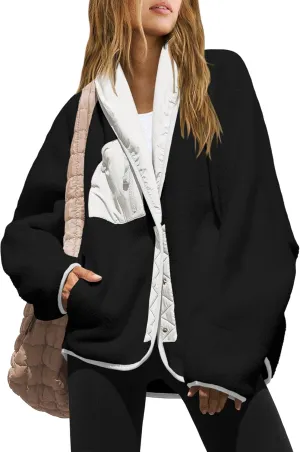 Nirovien Womens Fuzzy Fleece Jacket Colorblock Sherpa Coats Shawl Collar Button Down Warm Outwear with Pockets