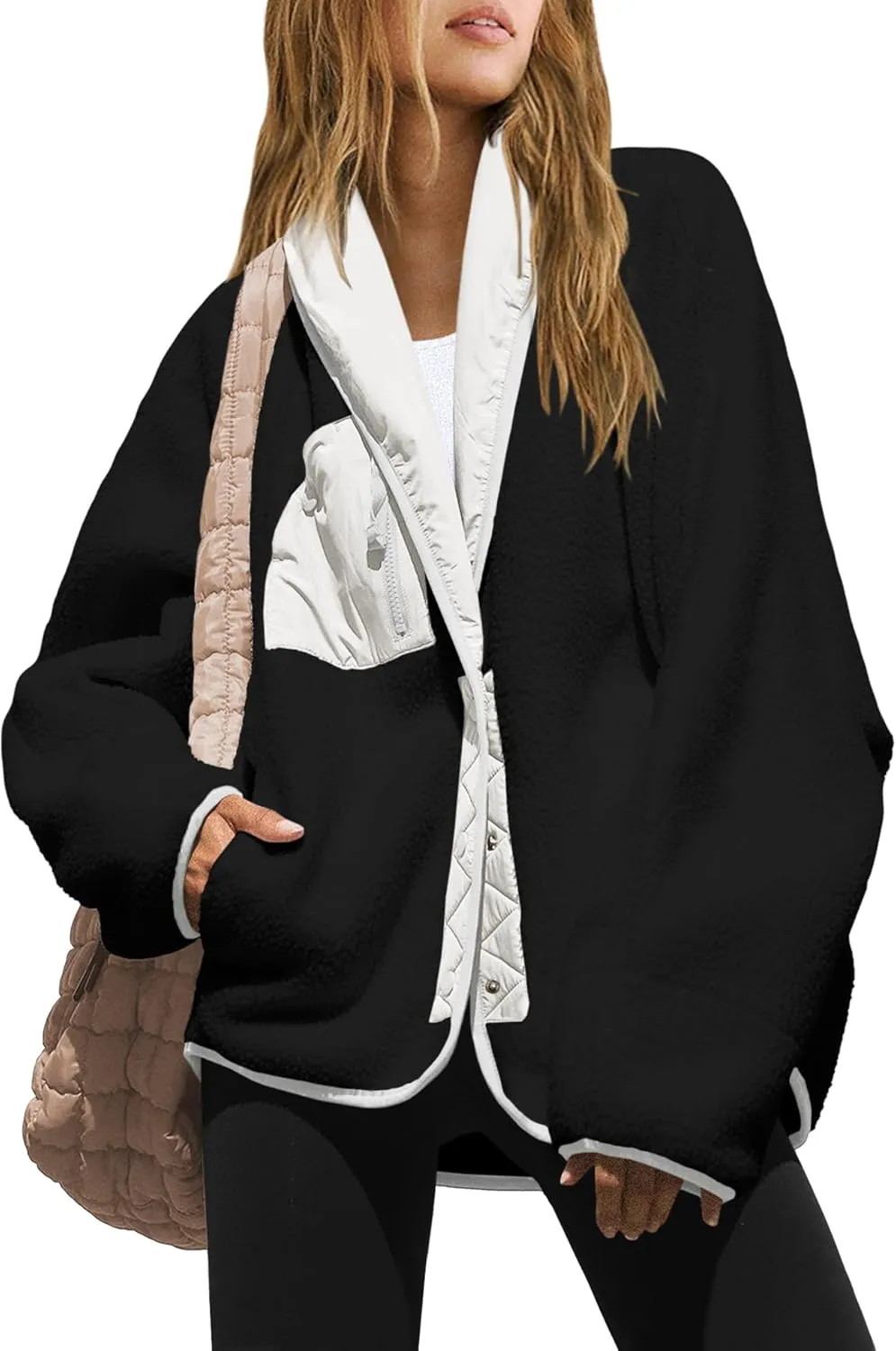 Nirovien Womens Fuzzy Fleece Jacket Colorblock Sherpa Coats Shawl Collar Button Down Warm Outwear with Pockets