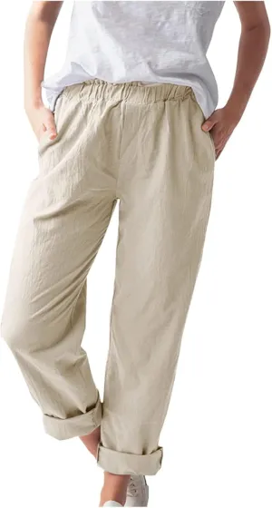 niuwa Cotton Linen Trousers for Women Elastic Waist Solid Color Casual Pants with Pockets Summer Boho Pants (Khaki, S)