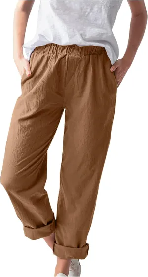 niuwa Cotton Linen Trousers for Women Solid Color Elastic Waist Casual Pants with Pockets Summer Casual Pants (Orange, 2XL)