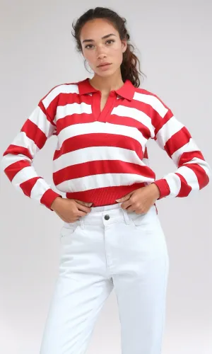 O198701 - Deep V-Neck Slip On Red & White Knitted Pullover