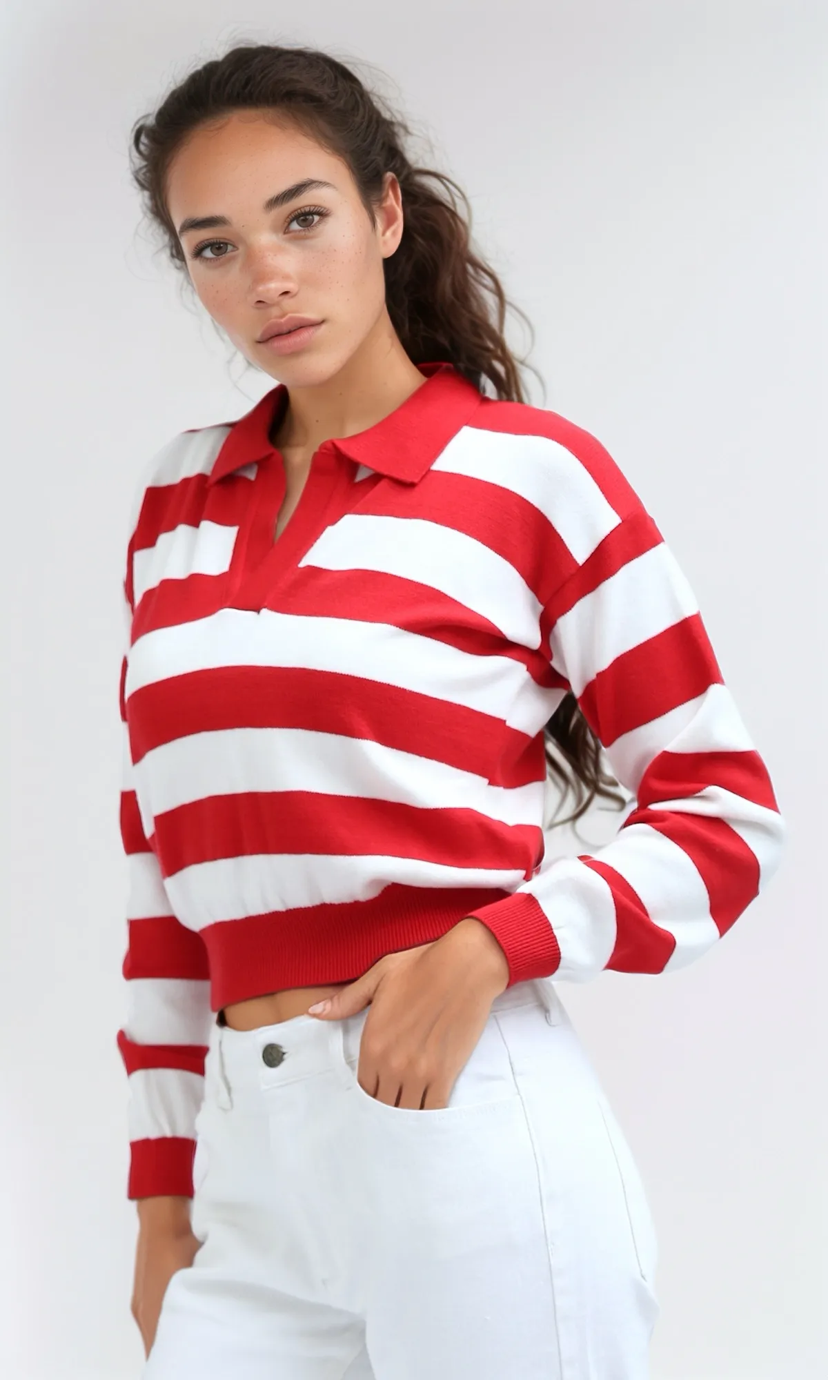 O198701 - Deep V-Neck Slip On Red & White Knitted Pullover