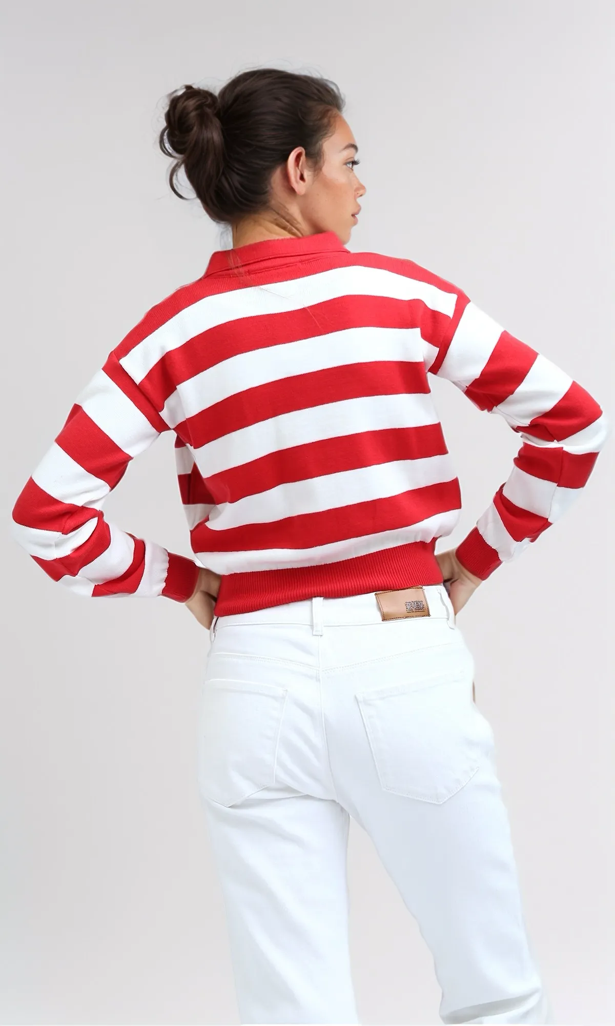 O198701 - Deep V-Neck Slip On Red & White Knitted Pullover