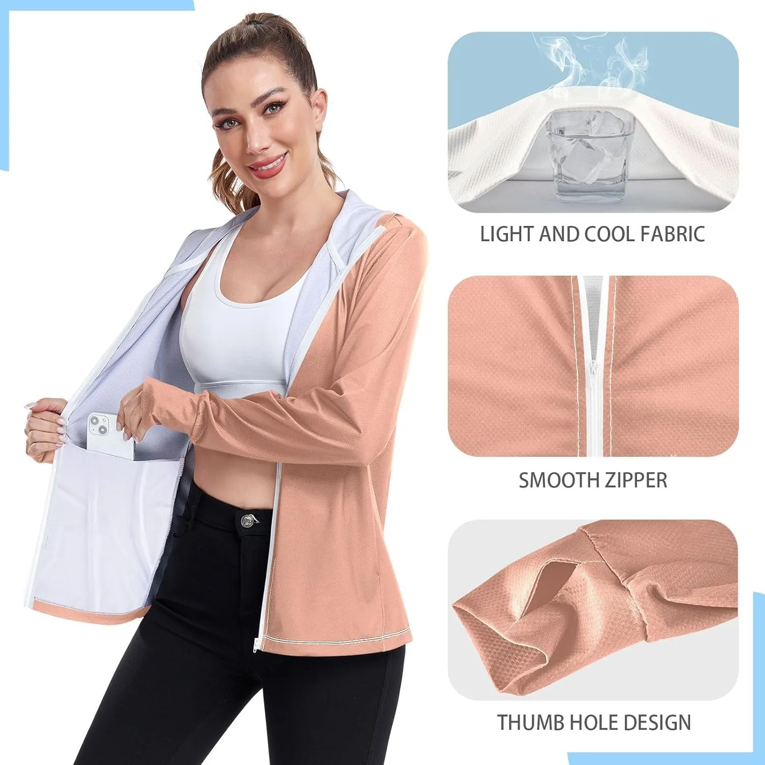 ODAWA Womens Upf Hoodie Lightweight Full Zip Running Jacket UV Cooling Hoodie Summer Clothing