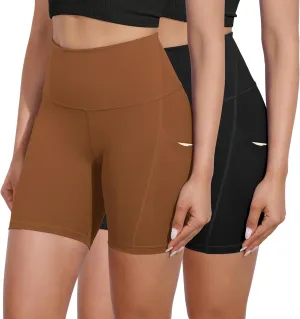 ODODOS 2-Pack High Waist Workout Shorts with Pockets for Women 6"/8" Inseam Tummy Control Gym Athletic Biker Shorts