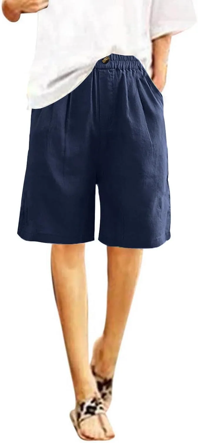 oiangi Linen Shorts for Women High Waisted Knee Length Bermuda Shorts Loose Casual Wide Leg Workout Short Pants with Pockets