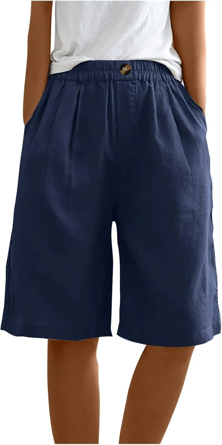oiangi Linen Shorts for Women High Waisted Knee Length Bermuda Shorts Loose Casual Wide Leg Workout Short Pants with Pockets