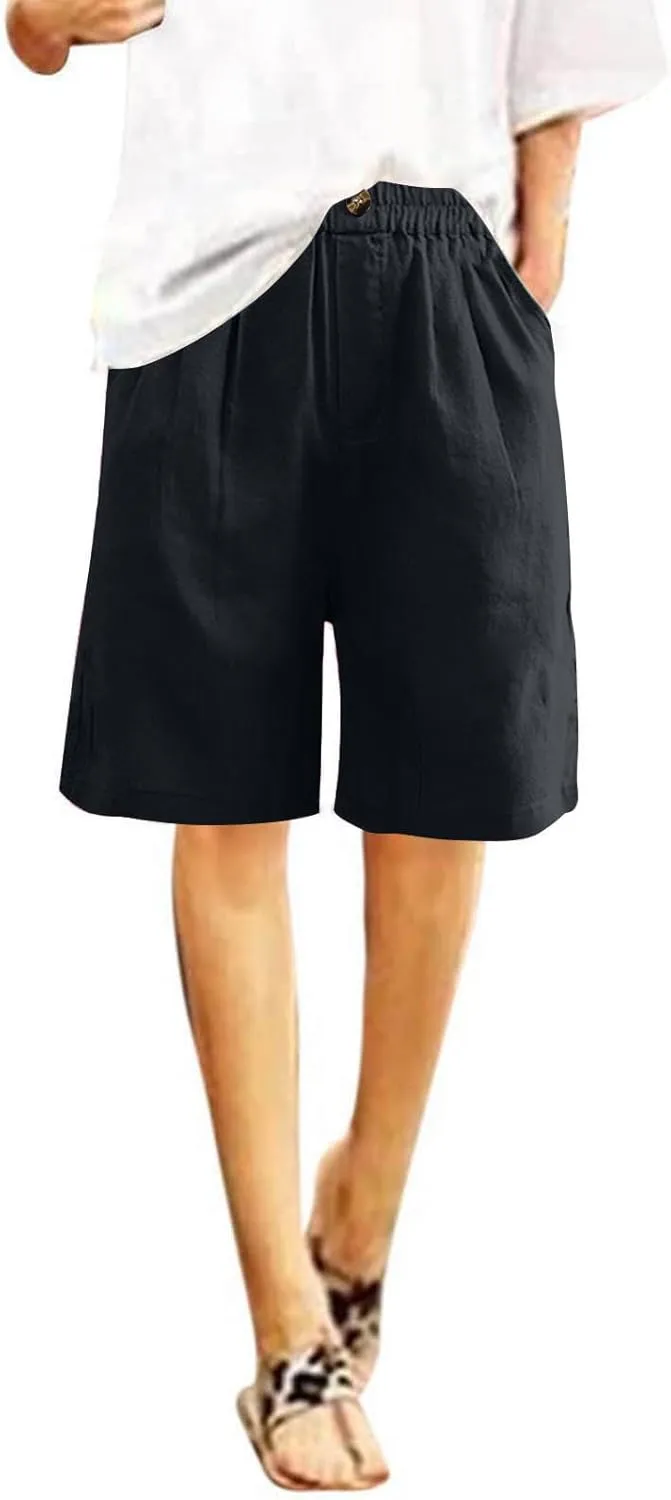 oiangi Linen Shorts for Women High Waisted Knee Length Bermuda Shorts Loose Casual Wide Leg Workout Short Pants with Pockets