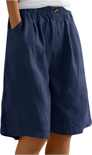oiangi Linen Shorts for Women High Waisted Knee Length Bermuda Shorts Loose Casual Wide Leg Workout Short Pants with Pockets