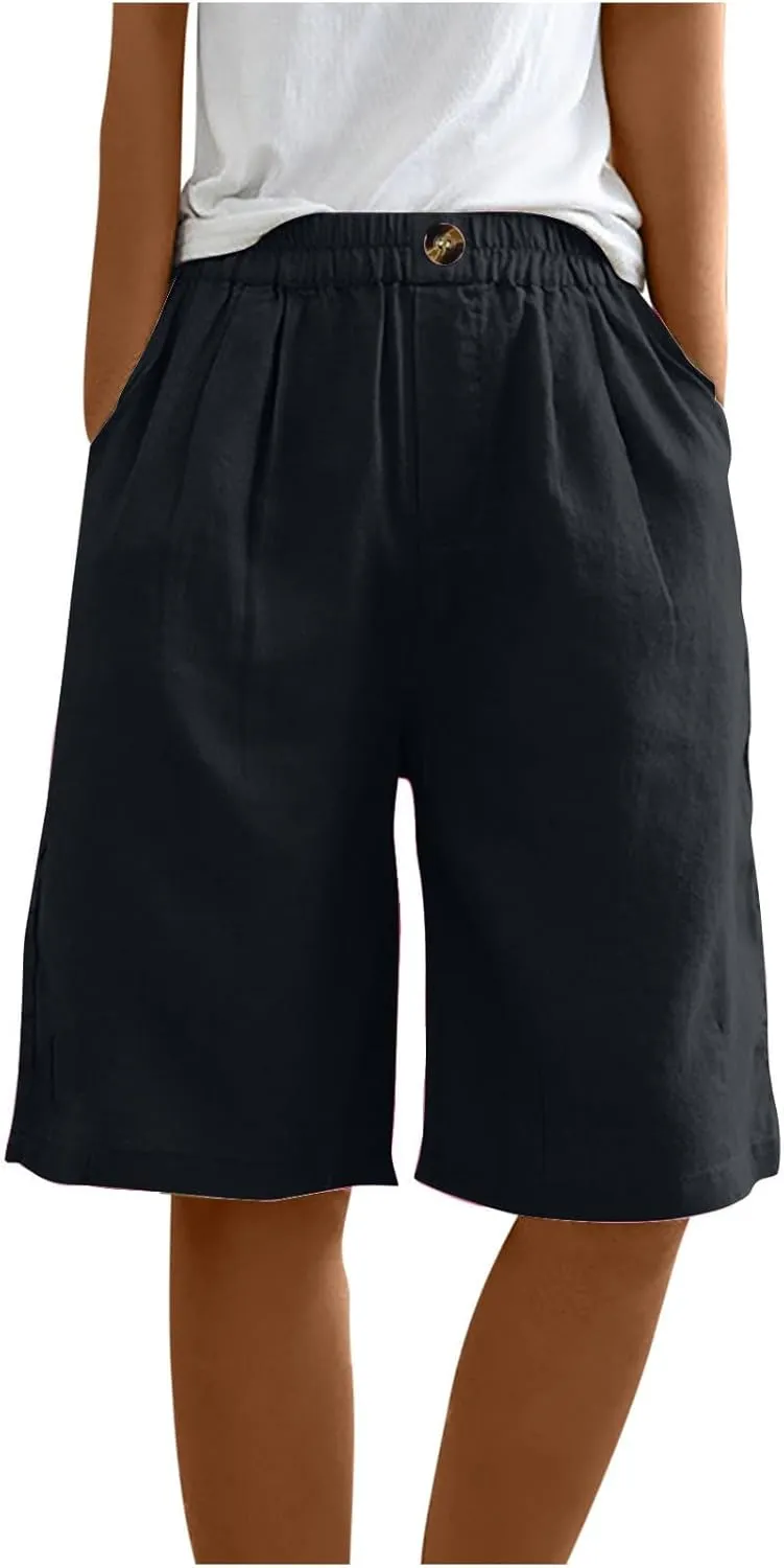 oiangi Linen Shorts for Women High Waisted Knee Length Bermuda Shorts Loose Casual Wide Leg Workout Short Pants with Pockets