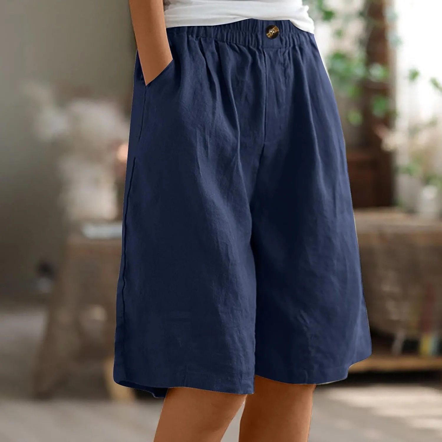oiangi Linen Shorts for Women High Waisted Knee Length Bermuda Shorts Loose Casual Wide Leg Workout Short Pants with Pockets