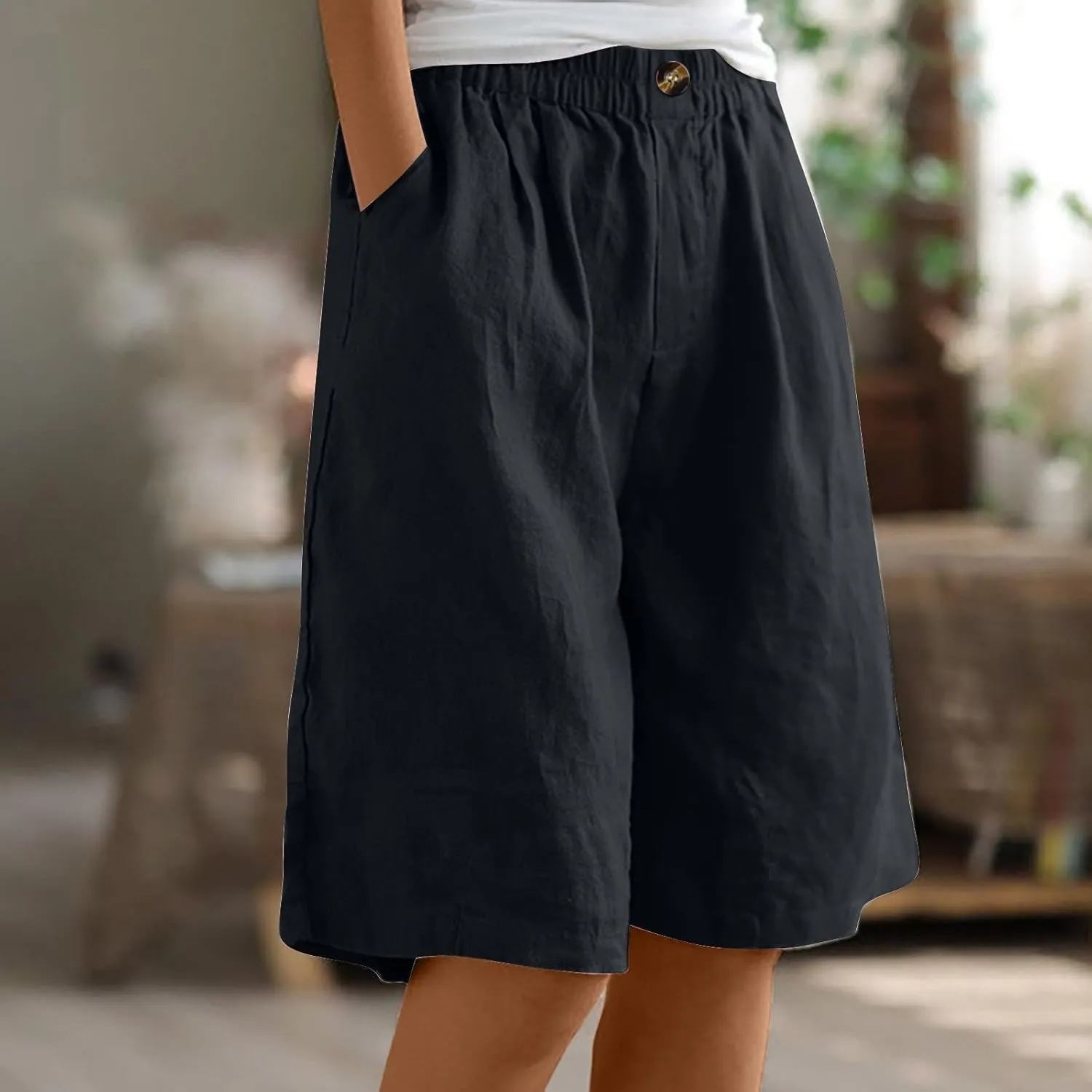 oiangi Linen Shorts for Women High Waisted Knee Length Bermuda Shorts Loose Casual Wide Leg Workout Short Pants with Pockets