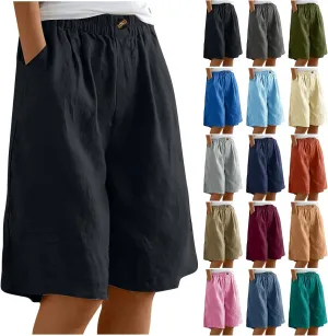 oiangi Linen Shorts for Women High Waisted Knee Length Bermuda Shorts Loose Casual Wide Leg Workout Short Pants with Pockets