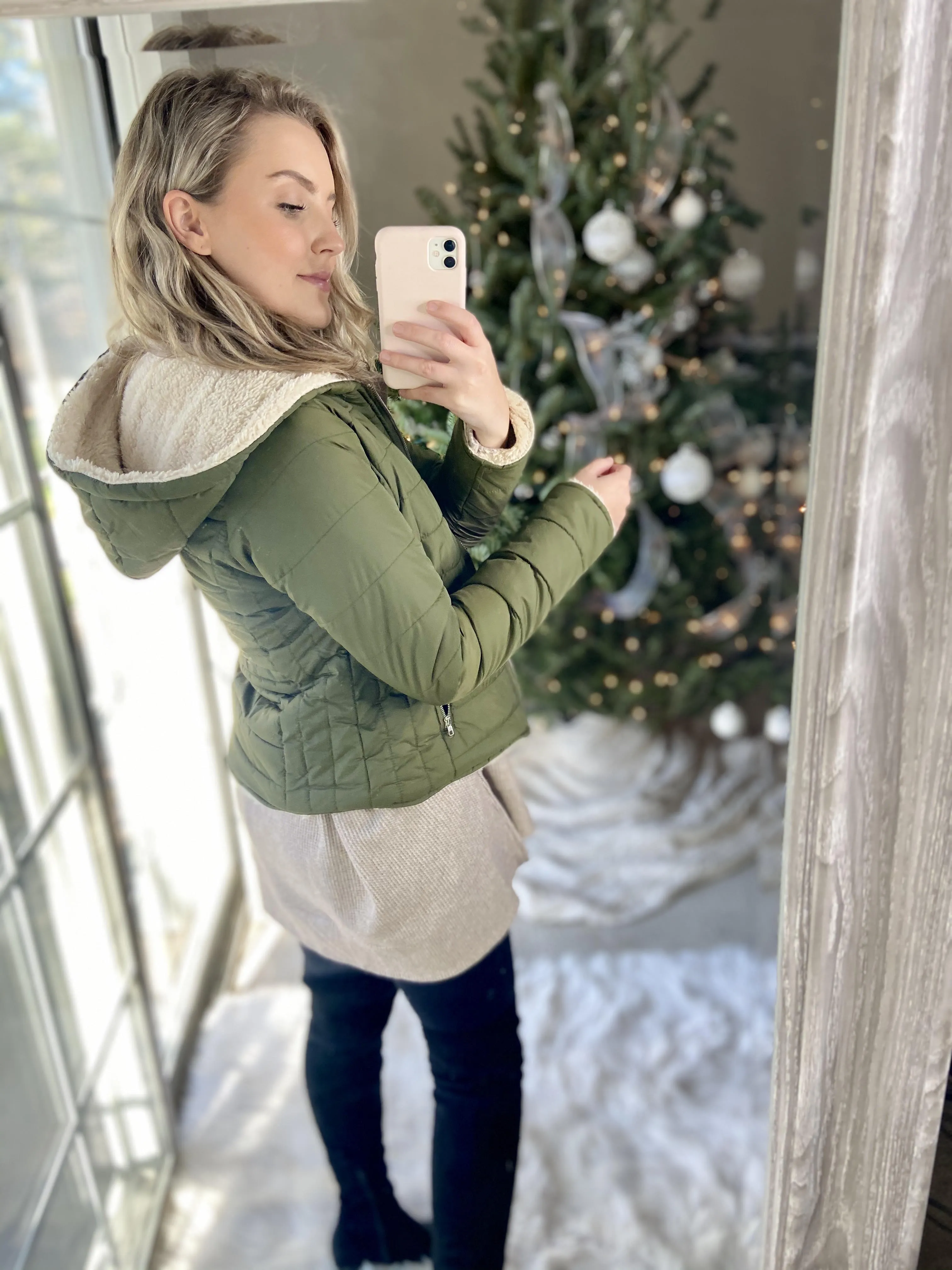 Olive Sherpa Lined Puffer Coat
