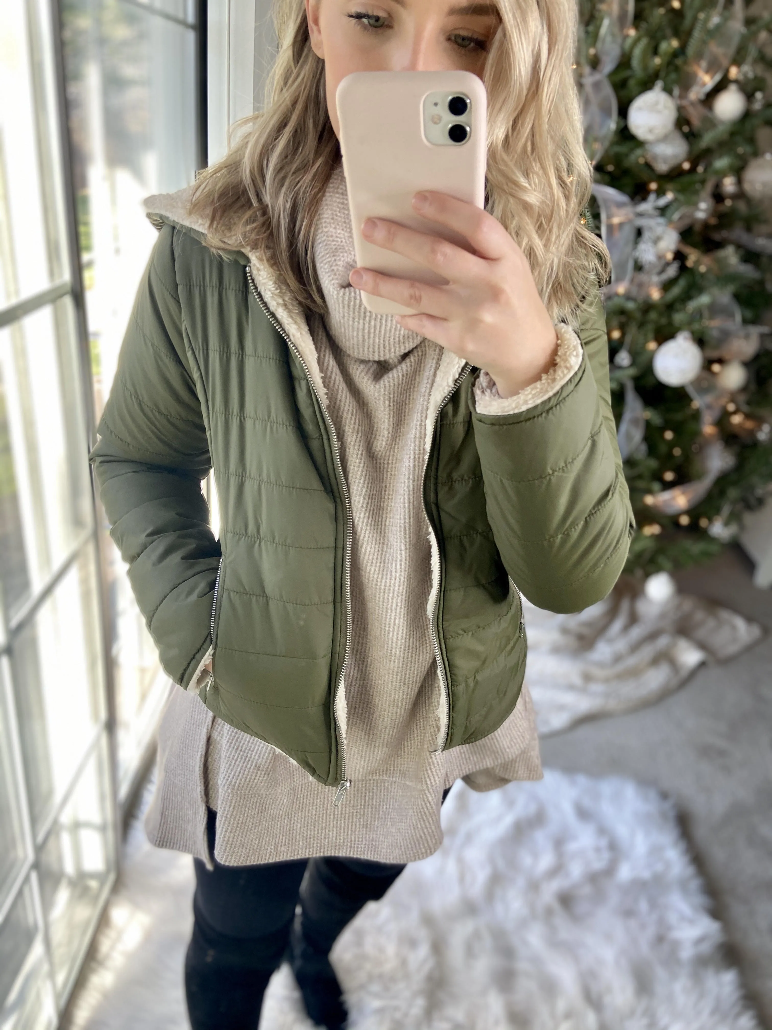 Olive Sherpa Lined Puffer Coat