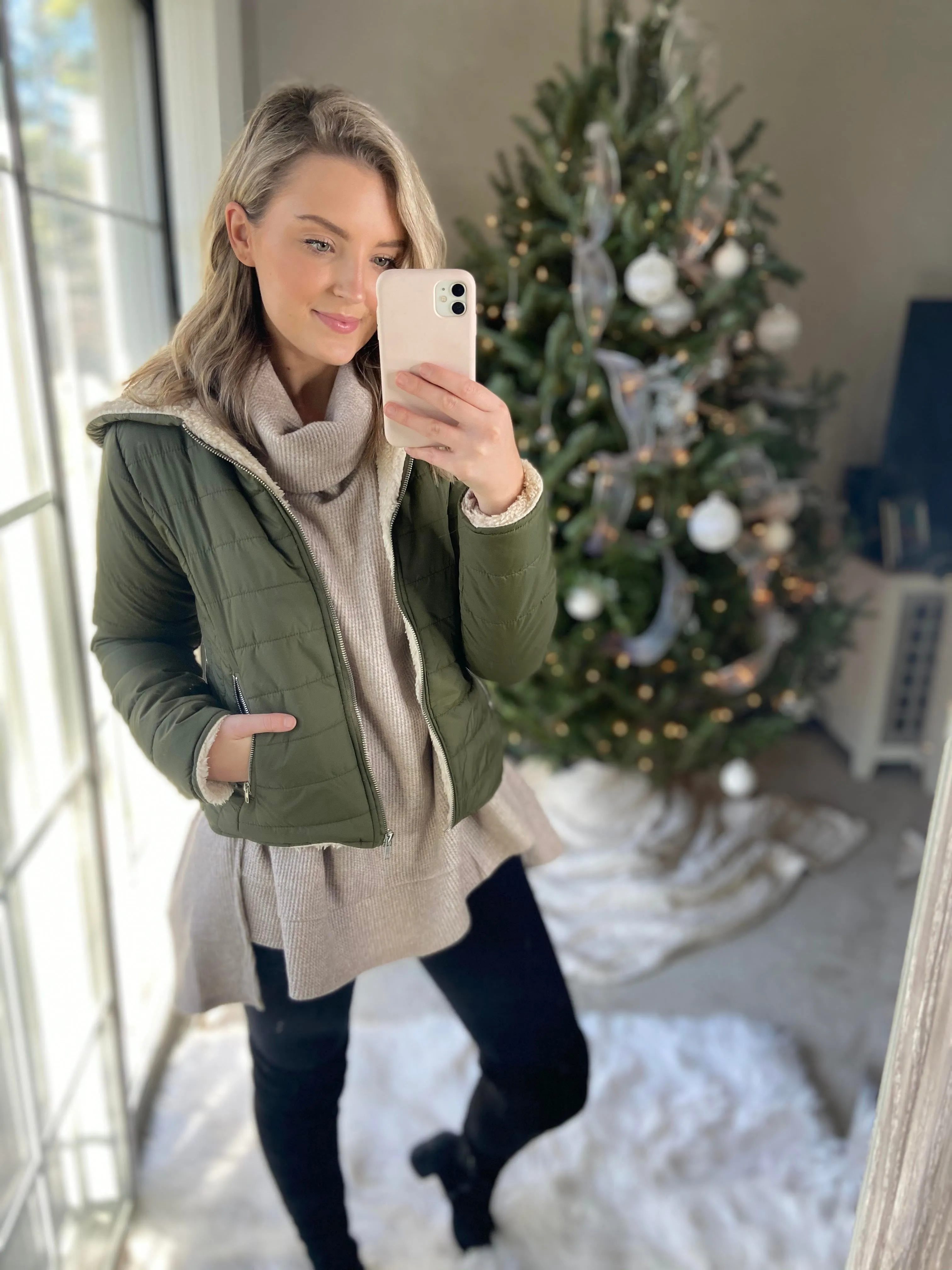 Olive Sherpa Lined Puffer Coat