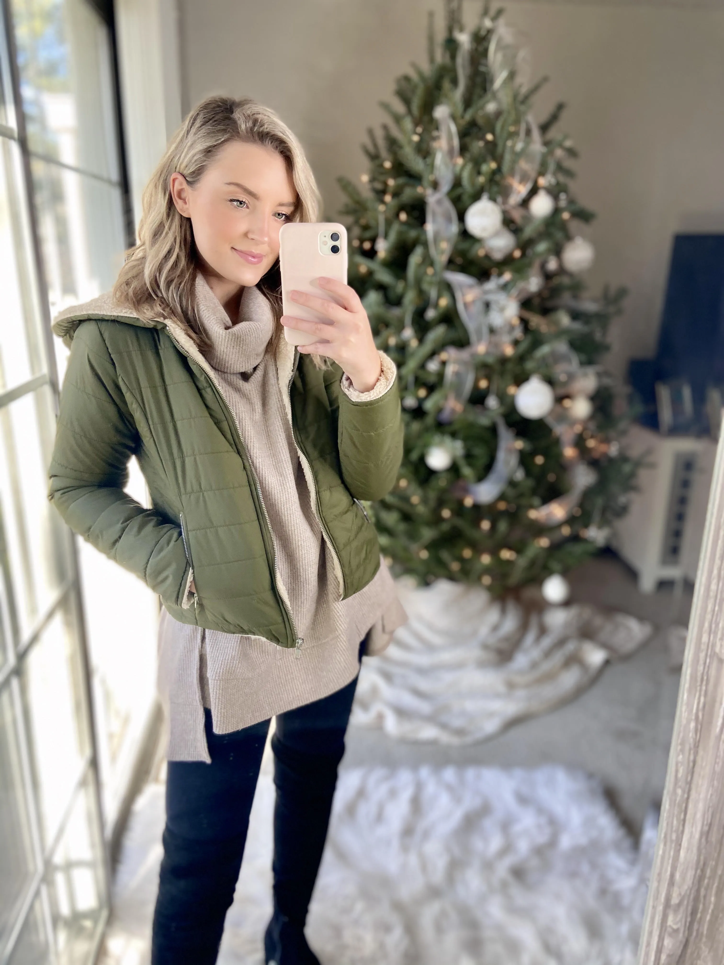 Olive Sherpa Lined Puffer Coat