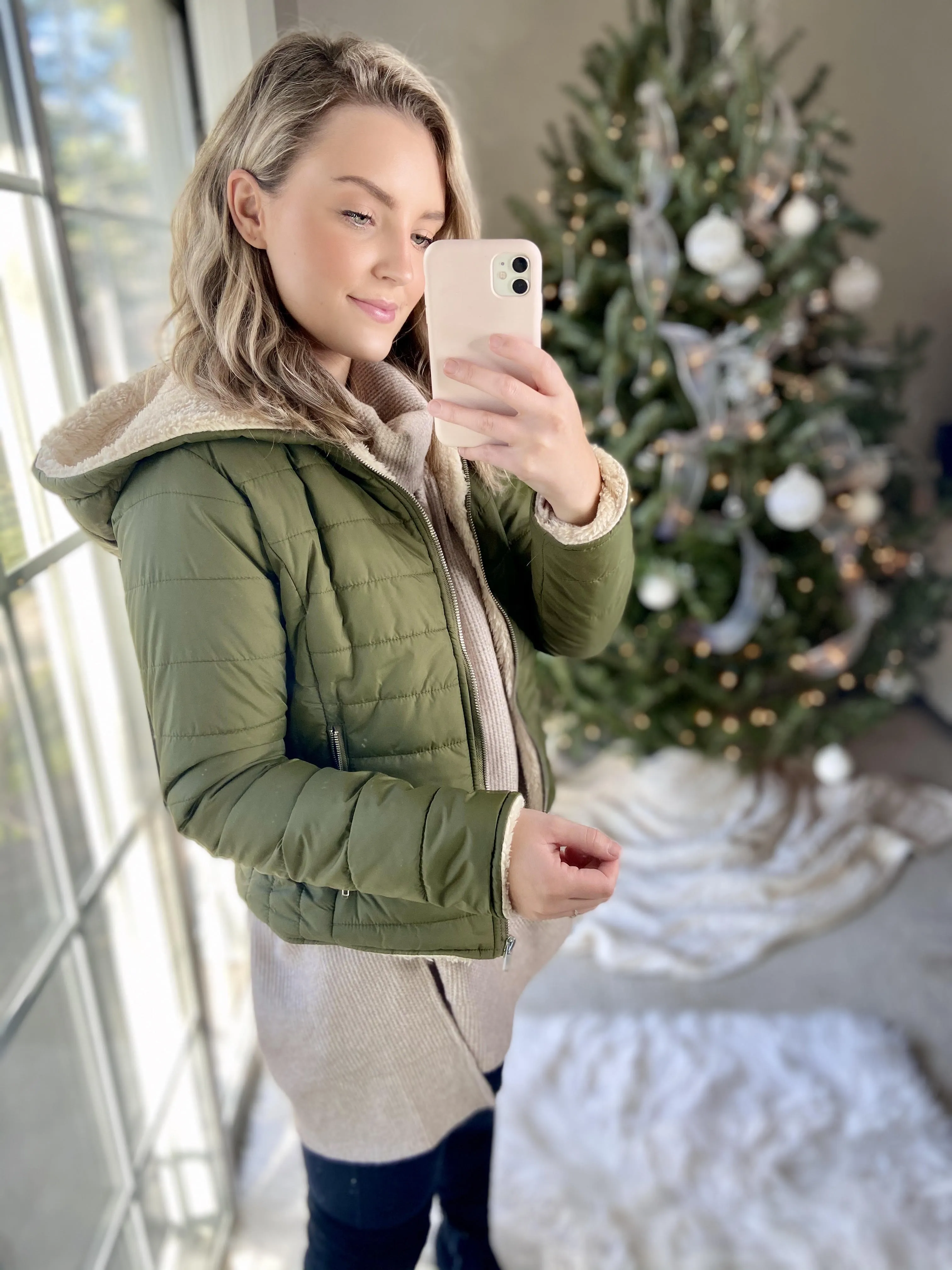 Olive Sherpa Lined Puffer Coat