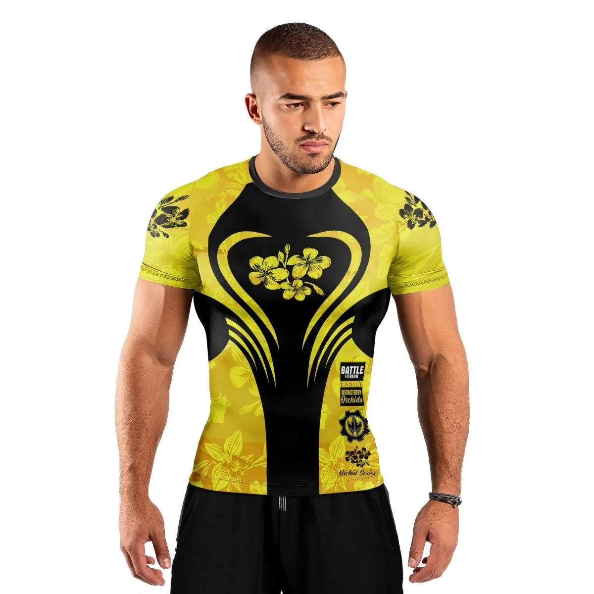 Orchid Series Floral Yellow Heart Pattern Men's Short Sleeve Rash Guard