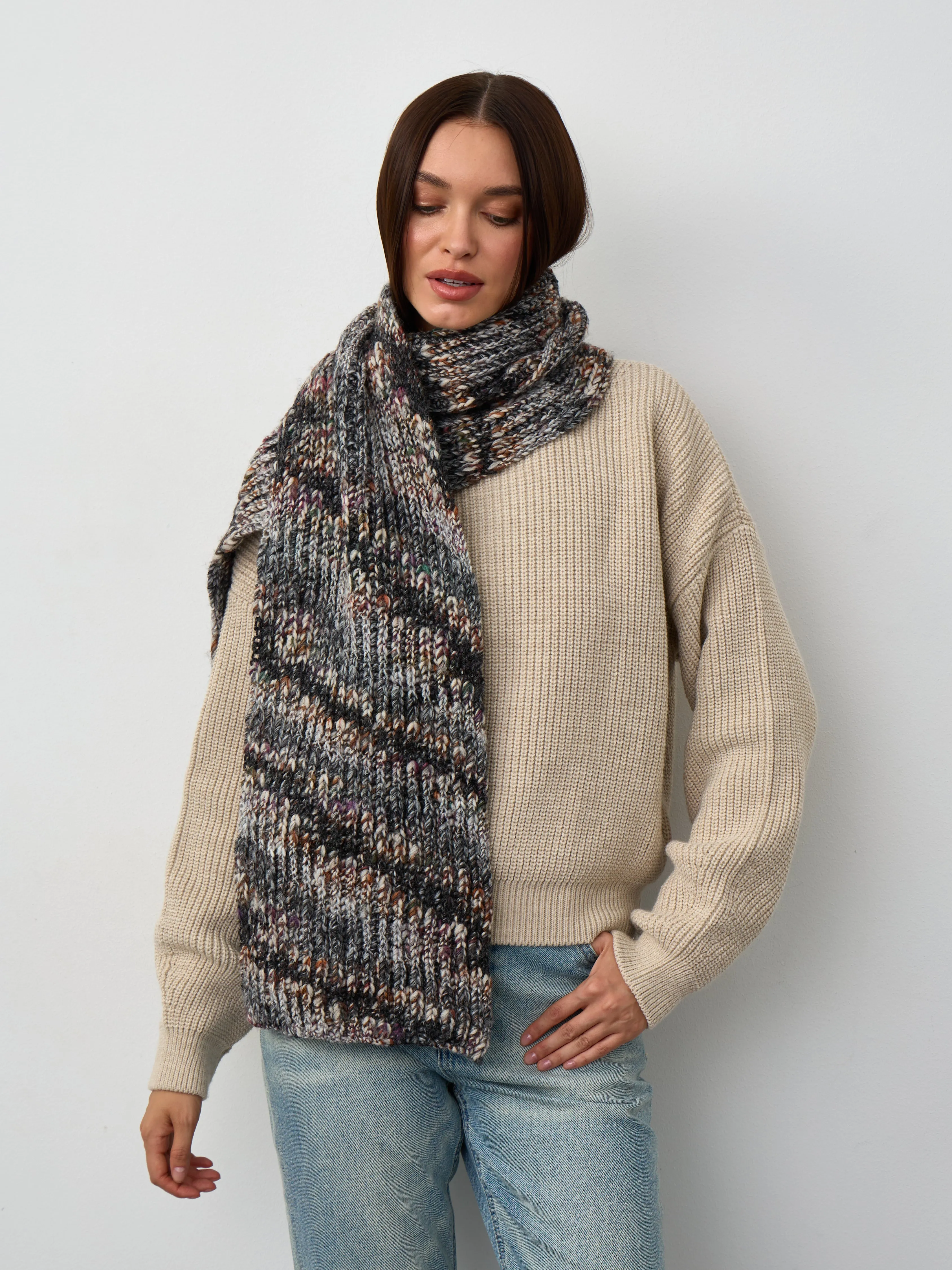 Oversized Alpaca Wool Scarf - Grey & White & Brown